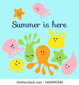 Summer is here. Cute funny characters, Jellyfish, octopuses, starfish. Flat hand-drawing.Vector illustration.