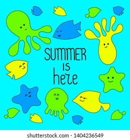 Summer is here. Cute funny characters, Jellyfish, octopuses, starfish. Flat hand-drawing.Vector illustration.