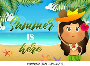 Summer is here flyer design. Hawaiian girl with fruits on head dancing on tropical beach with sea in background. Vector illustration can be used for resort banners, travel posters, greeting cards