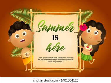 Summer is here flyer design. Hawaiian girl and guy pointing at signboard on brown background. Vector illustration can be used for banners, posters, party invitation