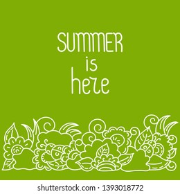 Summer is here. Hand drawn illustration. White pattern on green background. Vector illustration.
