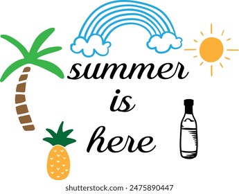 Summer is here. Hand lettering typography vector and illustration design for summer holiday with travel, sun and beach elements.