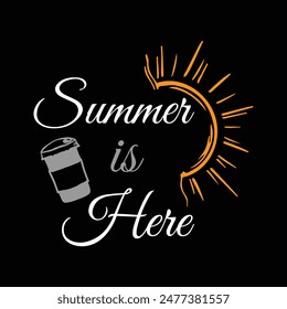 Summer is here handwritten typography, hand lettering quote, text. Hand drawn style vector illustration, isolated.  Eps 10.