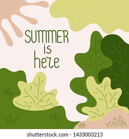 Summer is here. Lawn, edge of the forest. Children's drawing, hand-drawn. Pastel color. Place for your text, vector illustration.