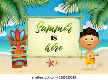 Summer is here lettering with aborigine and tribal mask. Tourism, summer offer or sale design. Handwritten and typed text, calligraphy. For leaflets, brochures, invitations, posters or banners.