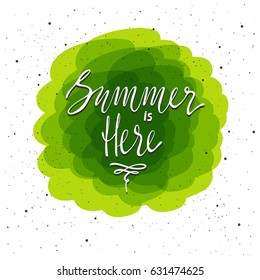 Summer is Here lettering. Hand drawn vector illustration, design, greeting card, logo.