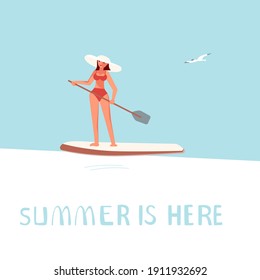 Summer is here square banner template. People on summer vacation concept. A young man on Stand Up Paddle Surfing. Flat Art Vector Illustration