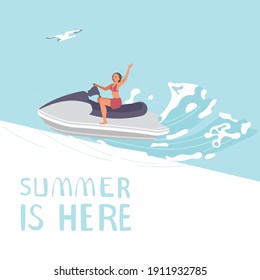 Summer is here square banner template. People on summer vacation concept. A young races on aquabike. Flat Art Vector Illustration