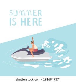 Summer is here square banner template. People on summer vacation concept. A young man races on aqua bike. Flat Art Vector Illustration