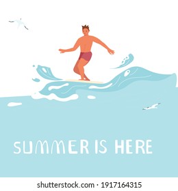 El verano es aquí una plantilla de banner cuadrado El concepto de las personas en vacaciones de verano. Un joven surfista monta la ola. Ilustración de vectores de arte plano