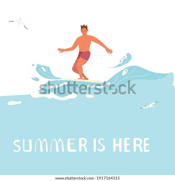 Summer is here square banner template People\
on summer vacation concept. A young man Surfer rides the Wave. Flat\
Art Vector Illustration