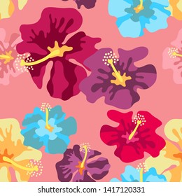 Summer Hibiscus blossom. Seamless vector pattern with large tropical flowers. Retro textile collection. On pink background.