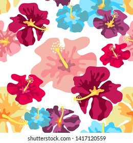Summer Hibiscus blossom. Seamless vector pattern with large tropical flowers. Retro textile collection. On white background.