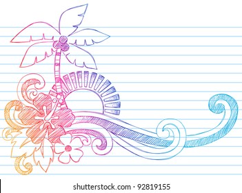 Summer Hibiscus and Palm Tree Tropical Beach Vacation Sketchy Notebook Doodles Vector Illustration on Lined Sketchbook Paper Background