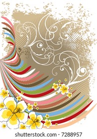 summer hibiscus rainbow curves and swirls on grunge background (vector)