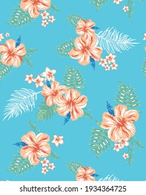 Summer hibiscus tropical print with exotic vacation elements including palm leaves, plumeria, and hibiscus gives it a pefect fresh look for all type of seasons