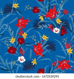 Summer high contrast color botanical forest Vector seamless floral plants pattern. Exotic blooming many kind of flowers illustration. Design for fabric, web ,fashion, and all prints on electric blue