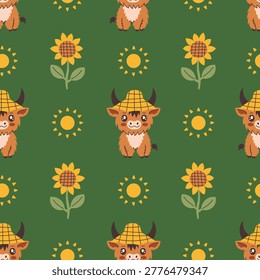 Summer Highland Cow Seamless Pattern. Cute Baby Animal Sun Sunflower Straw Hat. Cottage Farm Summertime Background with Cattle and Nature Elements. Flat Vector Illustration