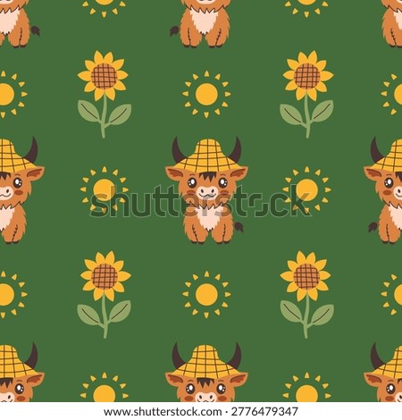 Summer Highland Cow Seamless Pattern. Cute Baby Animal Sun Sunflower Straw Hat. Cottage Farm Summertime Background with Cattle and Nature Elements. Flat Vector Illustration