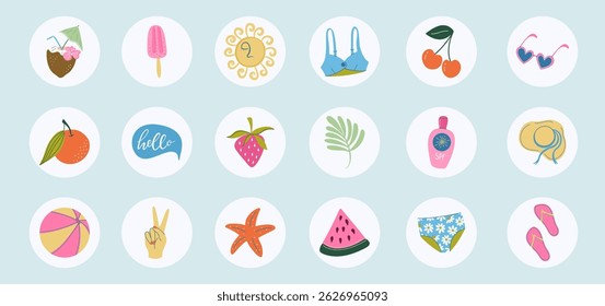 Summer highlight covers for social media. Set of cute vintage flat design beach vacations illustrations. Hand drawn icons with holiday symbols. Stickers, weekly planner elements.
