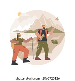 Ilustración vectorial de concepto abstracto de excursión de verano. Senderismo en calor, trekking de verano, vacaciones activas, compra botas y ropa, senderos de parque natural, servicio de guía, metáfora abstracta mochilera.