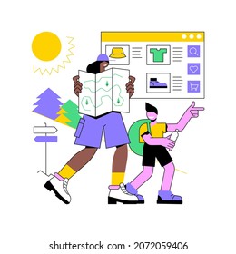Summer hiking abstract concept vector illustration. Hiking in heat, summer trekking, active vacation, buy boots and outfit, natural park trails, guide service, backpacker abstract metaphor.