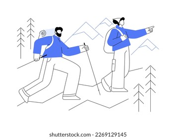 Summer hiking abstract concept vector illustration. Hiking in heat, summer trekking, active vacation, buy boots and outfit, natural park trails, guide service, backpacker abstract metaphor.