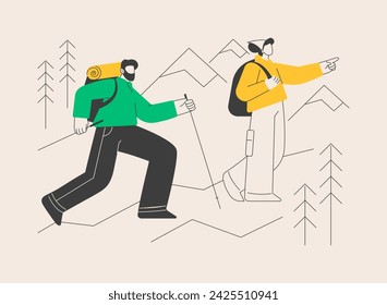 Summer hiking abstract concept vector illustration. Hiking in heat, summer trekking, active vacation, buy boots and outfit, natural park trails, guide service, backpacker abstract metaphor.