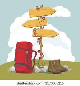 Summer hiking card with a road sign, backpack, boots on the background of the landscape. Vector clipart.