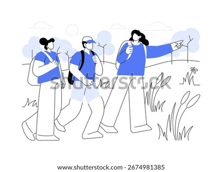 Summer hiking isolated cartoon vector illustrations. Happy friends hiking together in summer, walk in a countryside, people lifestyle, physical activity during travel vector cartoon.