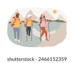 Summer hiking isolated concept vector illustration. Hiking in heat, summer trekking, active vacation, buy boots and outfit, natural park trails, guide service, backpacker vector concept.