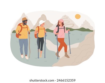 Summer hiking isolated concept vector illustration. Hiking in heat, summer trekking, active vacation, buy boots and outfit, natural park trails, guide service, backpacker vector concept.