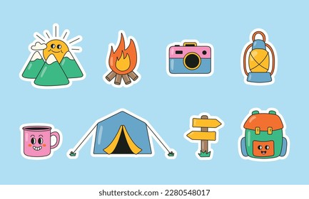 Summer hiking sticker set. Vector illustration	