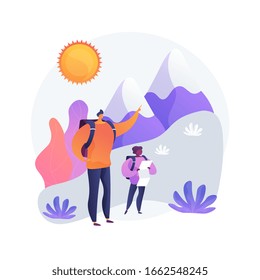 Summer hiking tour. Mountain trekking, outdoor activity, family vacation. Father and son, hikers with map exploring natural environment. Vector isolated concept metaphor illustration