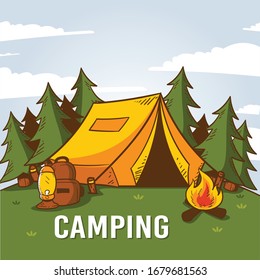 Summer hiking - vector illustration with blue tent, backpack and campfire on a green grass and mountain background.