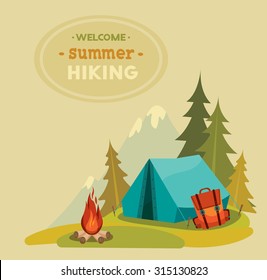 Summer hiking - vector illustration with blue tent, backpack and campfire on a green grass and mountain background. 