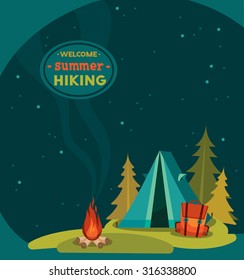 Summer hiking - vector illustration with blue tent, backpack and campfire on a night starry sky background.