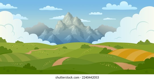 Summer hilly field cartoon landscape background vector flat illustration. Beautiful sunny scenery mountain cliff rock blue sky countryside nature valley cloudscape meadow organic outdoor season