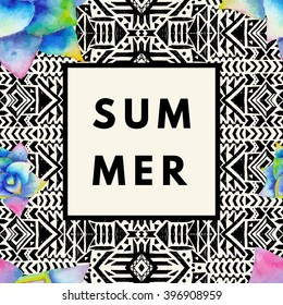Summer hipster boho chic background with agave and aztec tribal mexican texture. Minimal printable journaling card, creative card, art print, minimal label design for banner, poster, flyer.