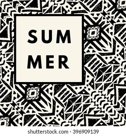 Summer hipster boho chic background with aztec tribal mexican texture. Minimal printable journaling card, creative card, art print, minimal label design for banner, poster, flyer.