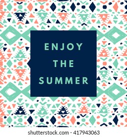 Summer hipster boho chic background with aztec tribal mexican texture. Minimal printable journaling card, creative card, art print, minimal label design for banner, poster, flyer.