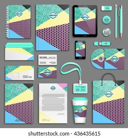 Summer hipster boho chic Corporate identity template set. Business stationery mock-up with logo. Branding design. Colorful texture geometric background.