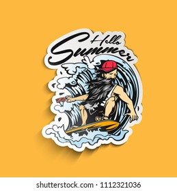 Summer hipster men water skiing wake skater Paper Cut Tags, Labels , peel off sticker vector illustration.