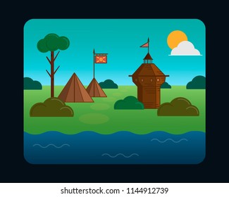 summer historical camping and outpost vector illustration