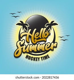 Summer hockey logo. Hello summer. Hockey time. Pattern for design poster, logo, emblem, label, banner, icon. Hockey template on isolated background. Vector illustration