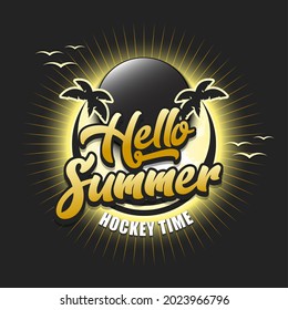 Summer hockey logo. Hello summer. Hockey time. Pattern for design poster, logo, emblem, label, banner, icon. Hockey template on isolated background. Vector illustration