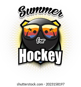 Summer hockey logo. Summer for hockey. Pattern for design poster, logo, emblem, label, banner, icon. Hockey template on isolated background. Vector illustration