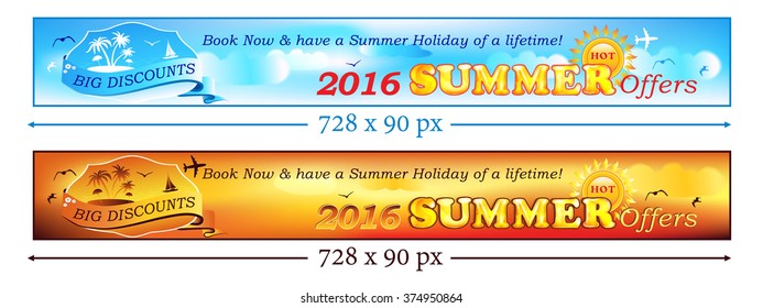 Summer Holiday 2016 Banner set for travel agencies. Web Leaderboard sizes. Book Now and have a summer holiday of a lifetime. Big Discounts. 