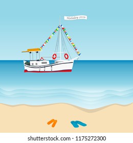 Summer holiday 2019 concept with sailboat in the sea and slippers on the beach