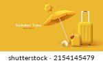 Summer holiday 3d illustration with suitcase and bag, sun umbrella, yellow mono chrome. Vector illustration